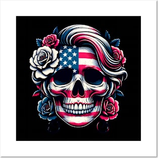 Patriotic Skull Flowers Bloom Independence Day USA American Flag Skull Face Roses Posters and Art